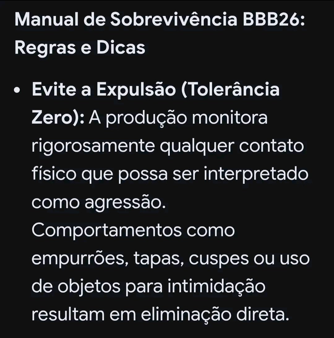 🚨MANUAL DE SOBREVIVÊNCIA #BBB26 
Comportamentos como empurrões, tapas, cuspes ou uso de objetos para intimidação resultam em eliminação direta (expulsão) 

Façam valer a regra <a href="/bbb/">Big Brother Brasil</a> <a href="/tadeuschmidt/">Tadeu Schmidt</a> 
MILENA EXPULSA!!!! #RedeBBB