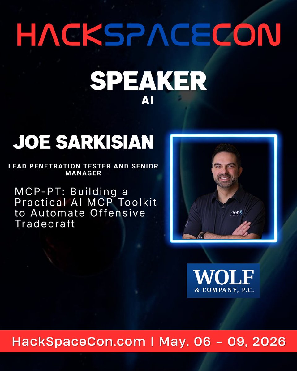 New Speaker Announced!
We’re excited to welcome Joe Sarkisian from DenSecure by Wolf &amp;amp; Co to Hack Space Con | May 6–9.
He will be presenting “MCP-PT: Building a Practical AI MCP Toolkit to Automate Offensive Tradecraft” Don’t Miss it! #cybersec #hackspacecon #education