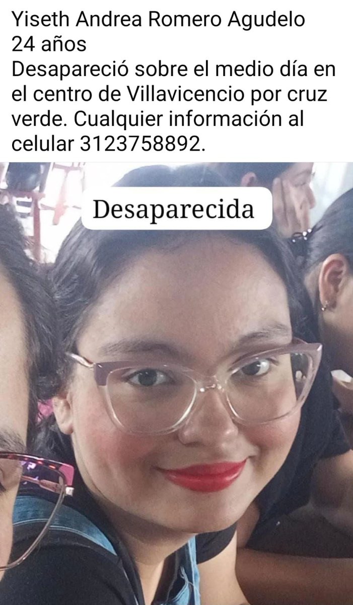 Se busca a Yiseth Andrea Romero Agudelo, de 24 años, quien desapareció hoy 11 de febrero, sobre el mediodía, en el centro de Villavicencio, sector Cruz Verde.

Yiseth es una joven con discapacidad cognitiva leve, por lo que su familia está muy preocupada por su bienestar.