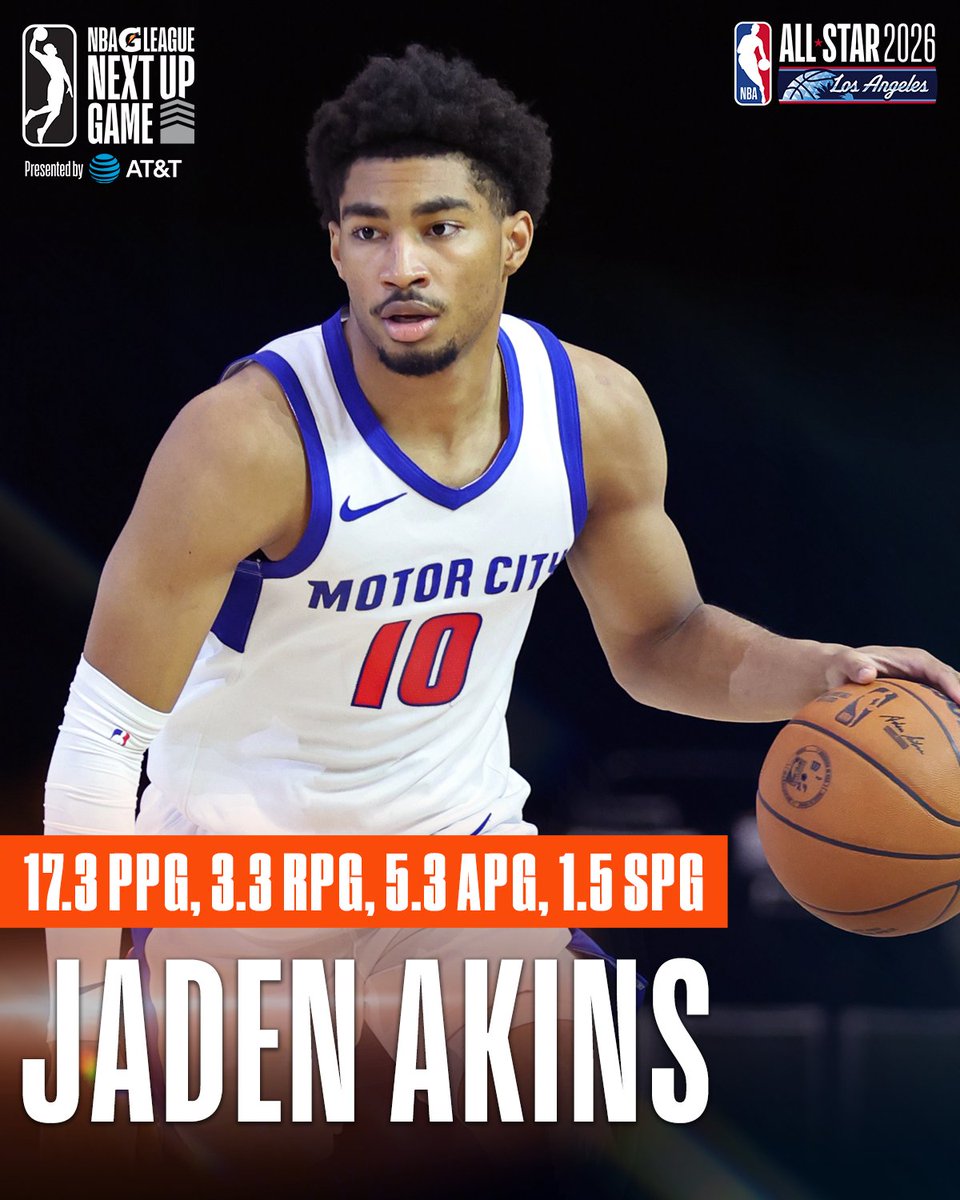 nbagleague's tweet photo. Jaden Akins is no ordinary rookie! His 17.3 PPG and 5.3 APG earned the @MotorCityCruise star a spot in the 2026 NBA G League Next Up Game at #NBAAllStar in L.A. ⭐️

Watch all the action on Sunday, Feb. 15 at 3:30 p.m. ET on the NBA Channel and NBA App. https://t.co/BKMNtDg5FD