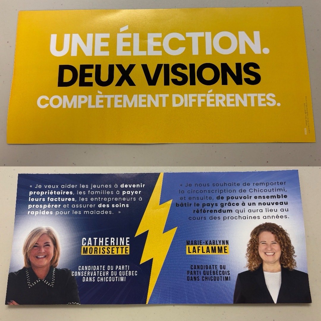 La candidate conservatrice, Catherine Morissette, distribue présentement un tract, qui ne présente pas le logo conservateur. Il est donc impossible pour les citoyens de savoir qui leur envoie de l'information. Sous cette apparence «neutre», le tract me cite hors-contexte, omet