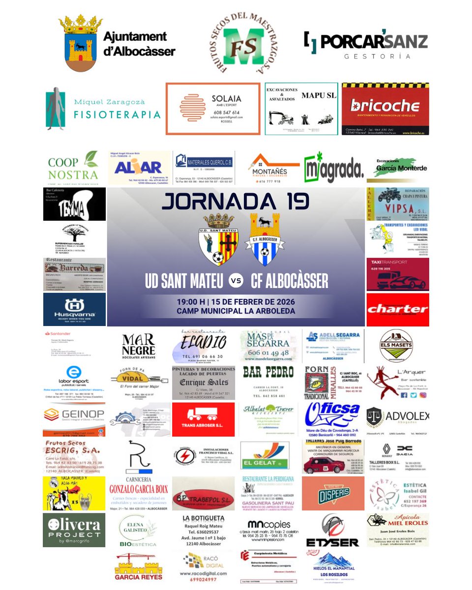 🏆 JORNADA 19 🏆

📆 Diumenge 15 de febrer
⏰ 19:00h
🆚 UD Sant Mateu
🏟 Camp Municipal La Arboleda
📍 Sant Mateu 

#123Albocàsser💙🤍
