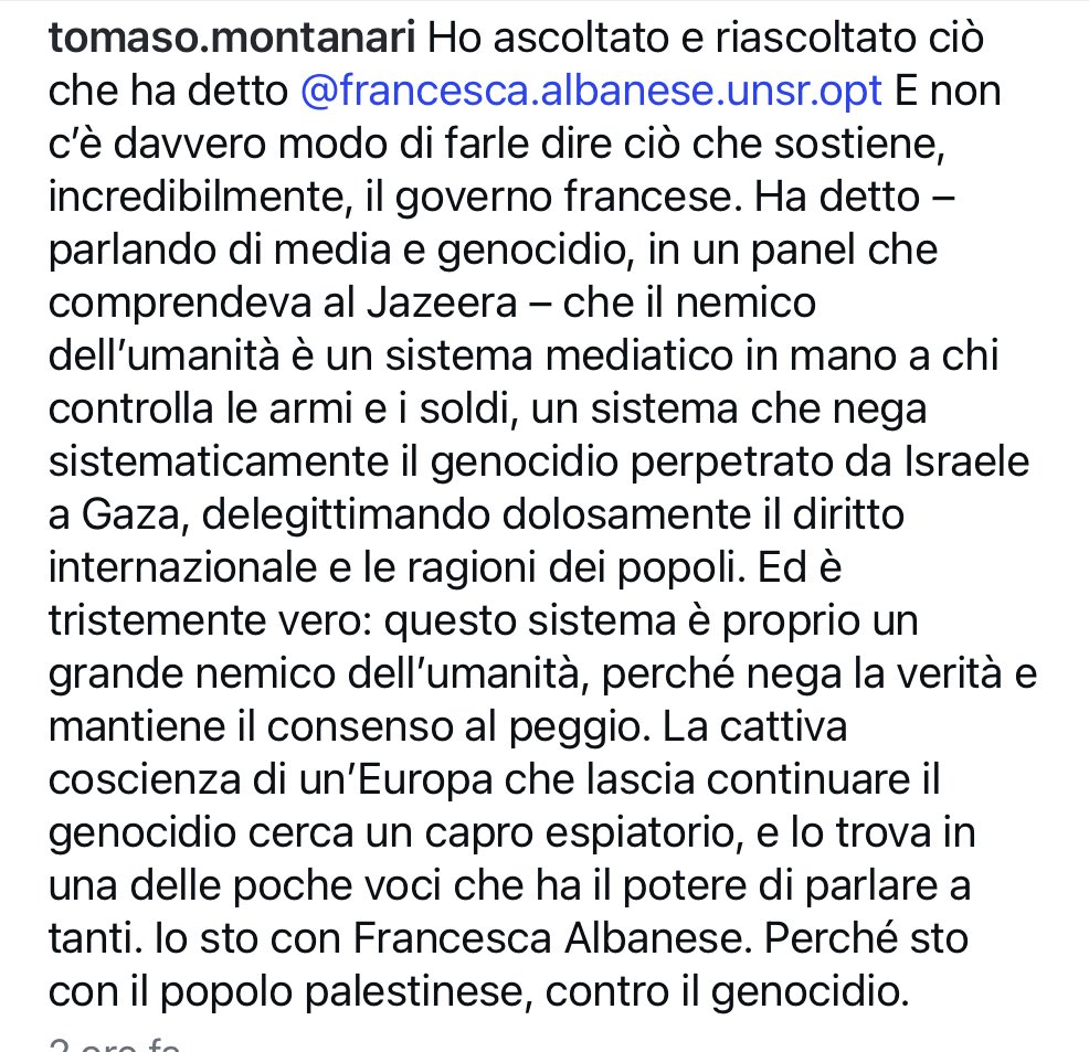 Anch’io sto con ⁦<a href="/FranceskAlbs/">Francesca Albanese, UN Special Rapporteur oPt</a>⁩, col popolo palestinese contro il genocidio. 
Sempre grazie al professor Montanari per esserci sempre.