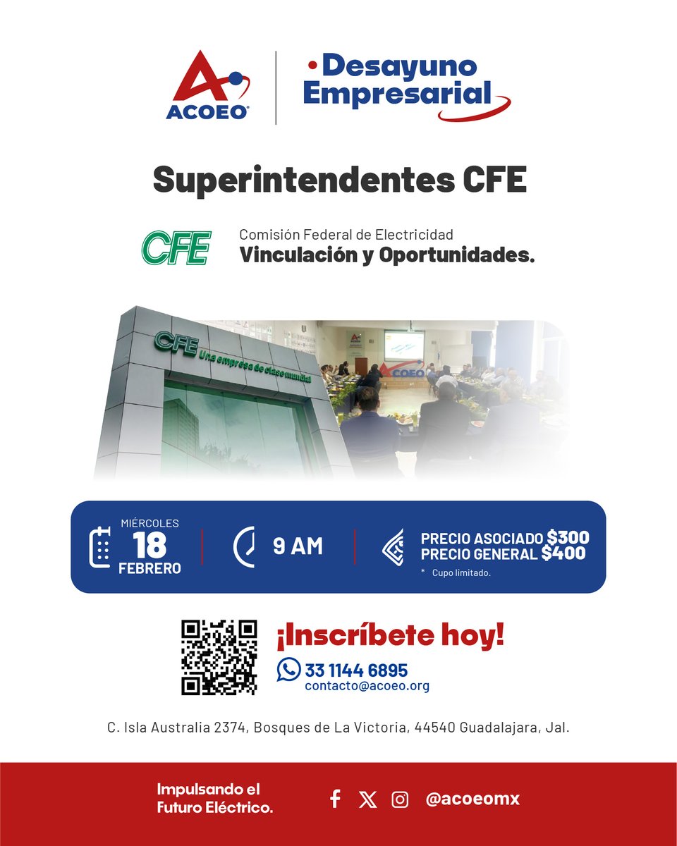 ⚡ Conéctate con Superintendentes de CFE en un espacio de vinculación y oportunidades estratégicas para el sector eléctrico.

📅 Miércoles 18 de febrero
🕘 9:00 AM
💲 Asociados: $300

No te lo puedes perder.
Regístrate aquí: forms.gle/sV2i3pCXF5oN4H…

#ImpulsandoElFuturoEléctrico