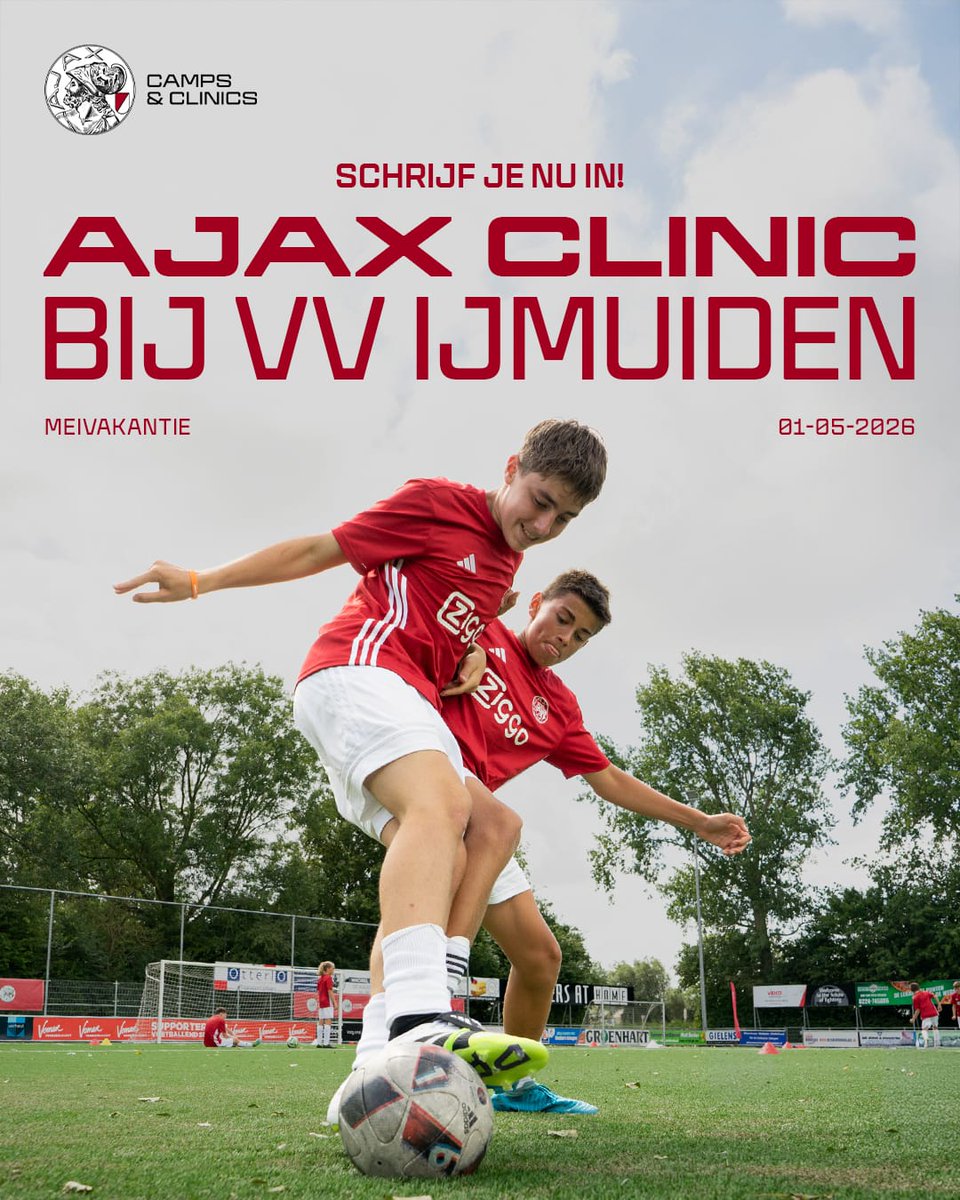 Schrijf je nu in voor een Ajax Clinic bij VV IJmuiden! 
Onder begeleiding van gecertificeerde 
Ajax Camps &amp; Clinics-trainers werk je aan je techniek.
⚽ Jongens en meiden van 6 t/m 14 jaar
📍 VV IJmuiden
📅 Vrijdag 1 mei
👉 Schrijf je nu in via: ajaxcampsenclinics.nl/events/clinic-…