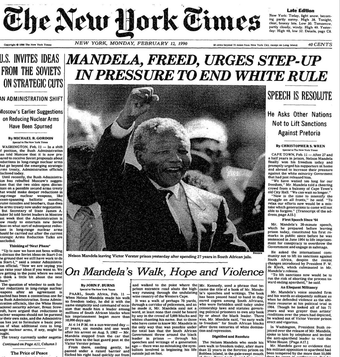 On February 11, 1990, after 27 years as a political prisoner, Nelson Mandela was released from Victor Verster Prison outside Cape Town, South Africa