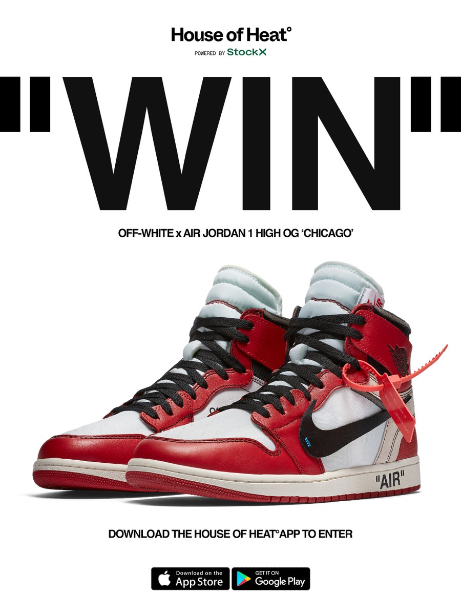 houseofheat's tweet photo. "WIN" OFF-WHTE x Air Jordan 1 High OG "Chicago" ⭐ 

To celebrate the official launch of the House of Heat° mobile app, we’re giving away one of the most coveted sneakers in history: the OFF-WHITE x Air Jordan 1 High OG "Chicago" - thanks to StockX.

📲 https://t.co/JmePqjFLhI https://t.co/C6frBHLeY7