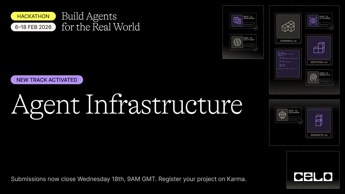 Celo's tweet image. 📣 @CeloDevs' Build Agents for the Real World hackathon is adding another track!

The Agent Infrastructure track offers additional rewards to builders creating the foundation for efficient agentic activity that can scale globally, from memory storage to discovery networks