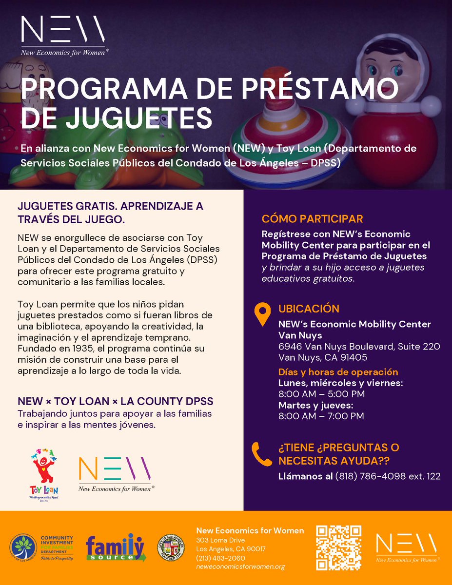 LACo_DPSS's tweet image. Attention, #VanNuys parents! Visit the newest Toy Loan Center brought to you by New Economics for Women in partnership with #DPSS. Children may borrow toys for FREE just like books from a library through the Toy Loan Program. Walk in &amp;amp; register during the listed operating hours.