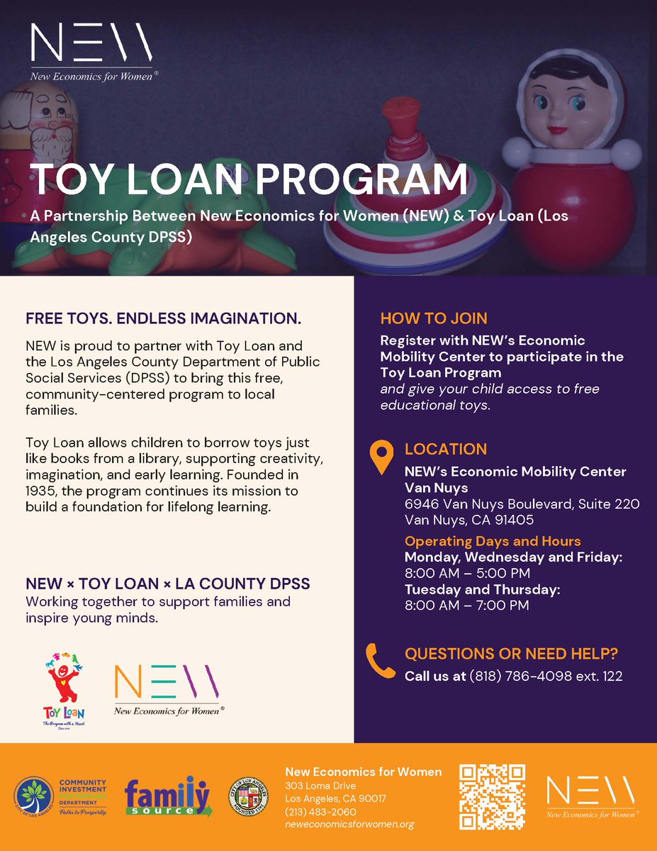 LACo_DPSS's tweet image. Attention, #VanNuys parents! Visit the newest Toy Loan Center brought to you by New Economics for Women in partnership with #DPSS. Children may borrow toys for FREE just like books from a library through the Toy Loan Program. Walk in &amp;amp; register during the listed operating hours.