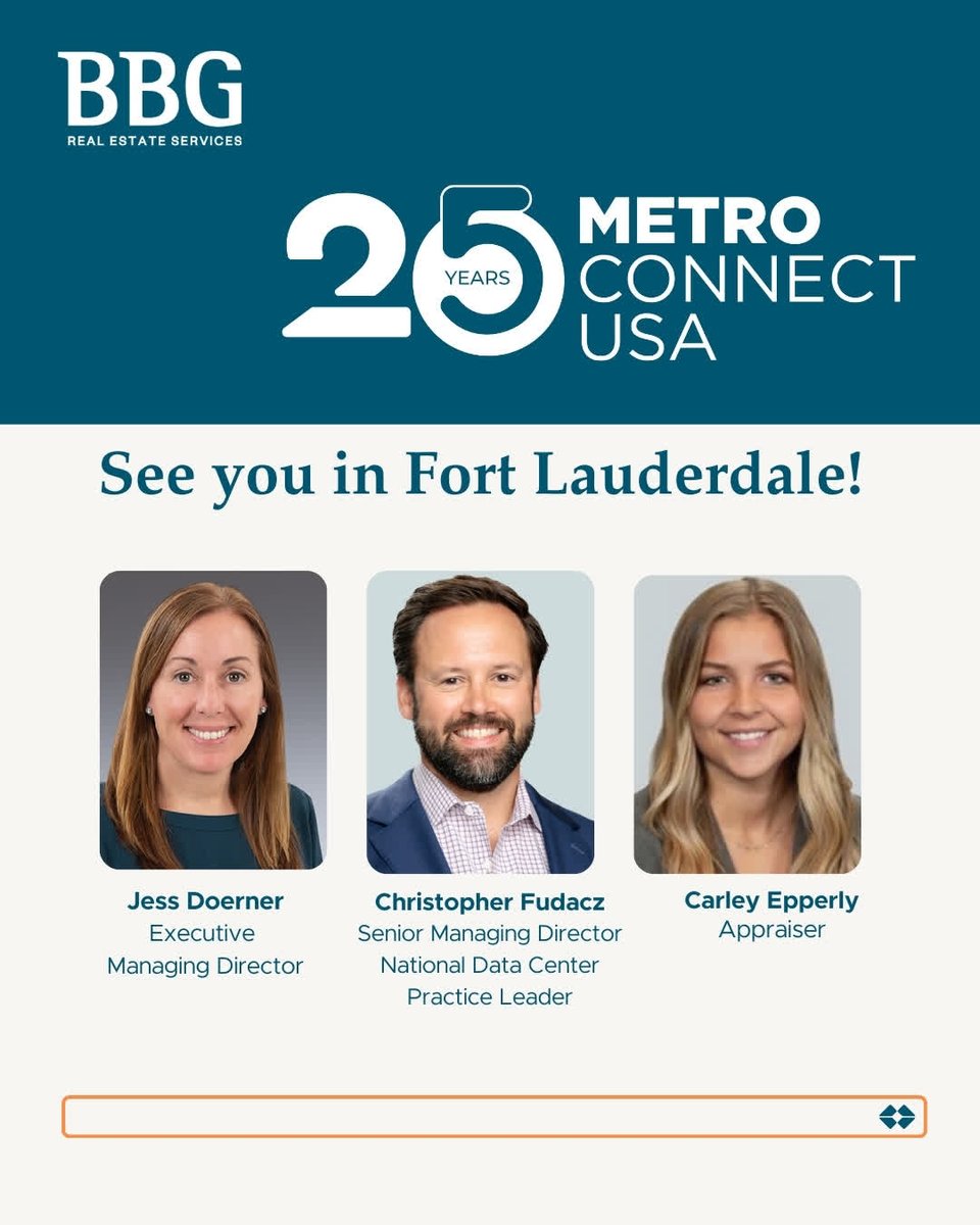 The BBG team will be attending Metro Connect USA, February 23–25. Attendees include Jess Doerner, Christopher Fudacz, and Carley Epperly. Please click the following link to schedule a meeting: outlook.office.com/book/BBGDataCe… 

#MetroConnect #DigitalInfrastructure #DataCenters