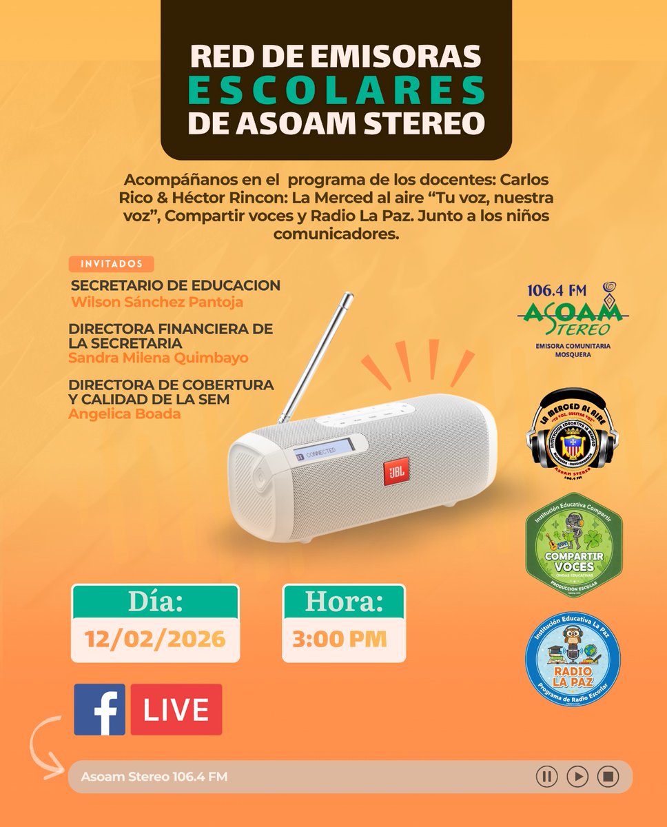Asoamstereo's tweet photo. 🎙️📚 Un paso que puede marcar historia en la comunicación escolar de Mosquera.
Este 12 de febrero a las 3:00 PM viviremos una transmisión especial en Asoam Stereo 106.4 FM. https://t.co/pNTCKBMYV4