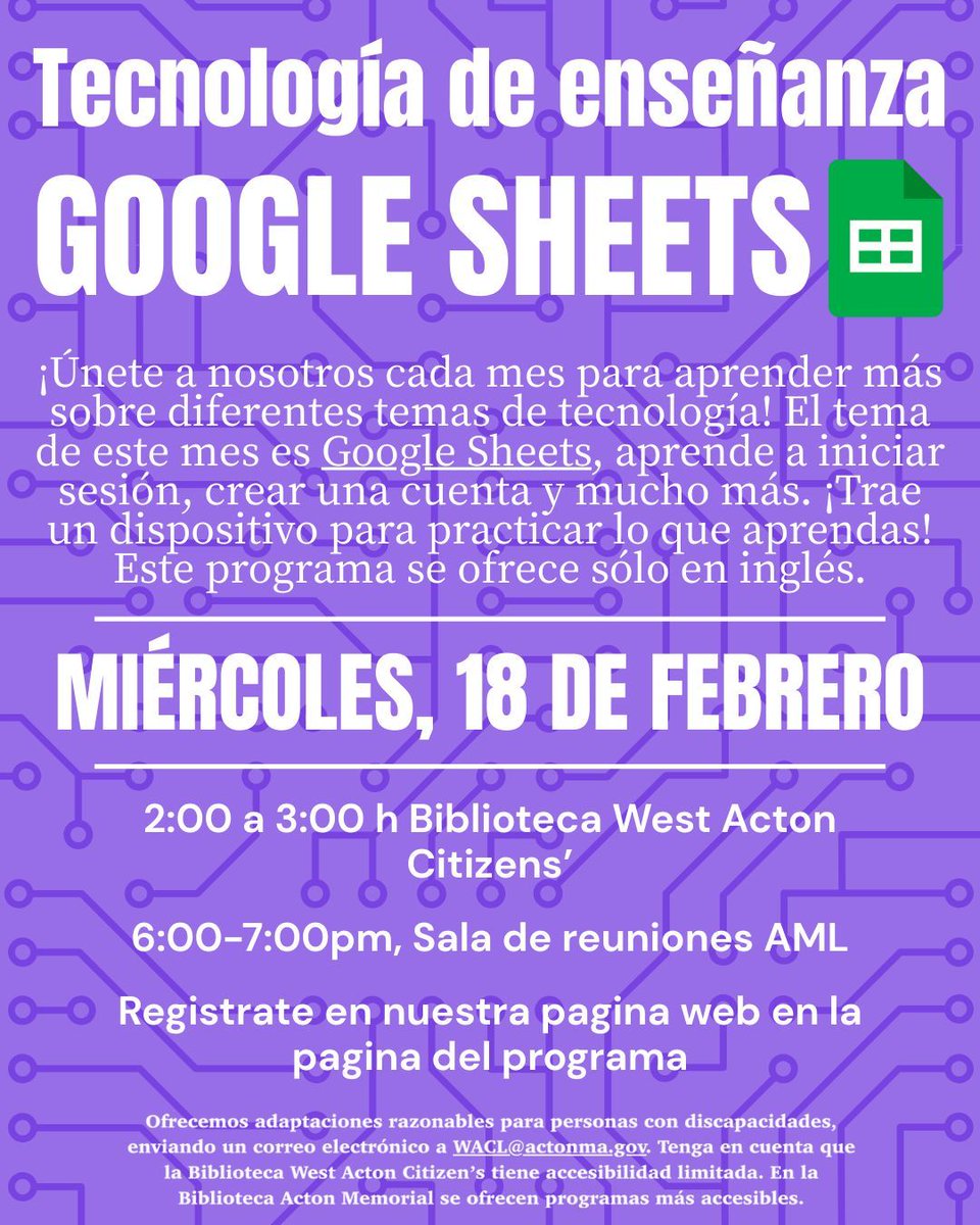 Join us next week for Teaching Tech - Google Sheets! Wed, Feb 18, 2:00—3:00 PM, West Acton Citizens' Library. Please bring your smartphone, tablet, or laptop if you have one. Sign up on the programa page on our website: …emoriallibrary.assabetinteractive.com/calendar/teach… 
See bio for accessibility info.