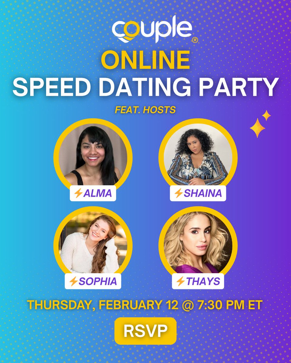 MatchOnCouple's tweet photo. It’s time to mingle, match &amp; make memories!️⁠Our Thursday speed dating events are all about good vibes &amp; meaningful connections.⁠ Jump into mingle rooms, play fun games &amp; enjoy private video dates w/ your matches! ⁠Ready to meet someone new? Join us at https://t.co/ljJrFtNtcq https://t.co/2WGtHzHVId