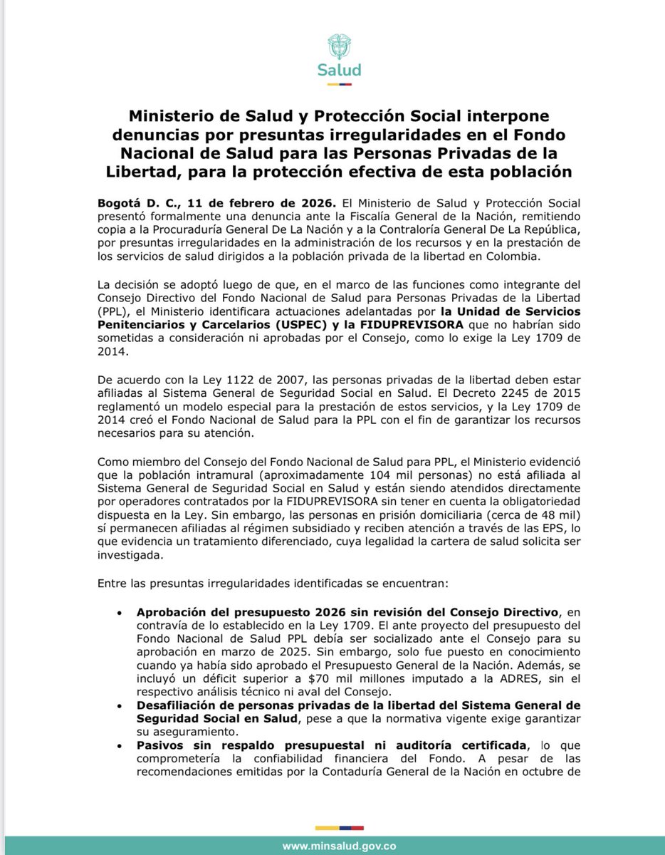 MinSaludCol's tweet photo. #Comunicado | #Minsalud presentó formalmente una denuncia ante la @FiscaliaCol, remitiendo copia a la @PGN_COL y a la @CGR_Colombia, por presuntas irregularidades en la administración de los recursos y en la prestación de los servicios de salud dirigidos a la población privada de la libertad en Colombia.