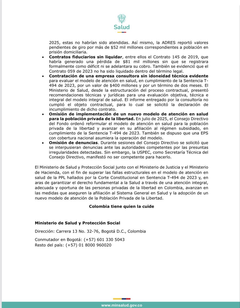 MinSaludCol's tweet photo. #Comunicado | #Minsalud presentó formalmente una denuncia ante la @FiscaliaCol, remitiendo copia a la @PGN_COL y a la @CGR_Colombia, por presuntas irregularidades en la administración de los recursos y en la prestación de los servicios de salud dirigidos a la población privada de la libertad en Colombia.