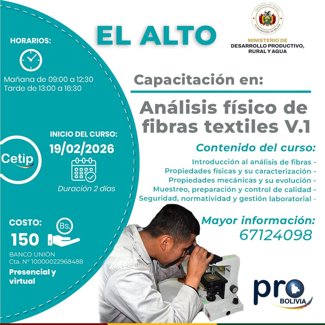 ProBoliviaGob's tweet photo. ¡𝑰𝒏𝒔𝒄𝒓𝒊́𝒃𝒆𝒕𝒆 𝒆𝒏 𝒍𝒂 𝑪𝒂𝒑𝒂𝒄𝒊𝒕𝒂𝒄𝒊𝒐́𝒏: ❞𝑨𝒏𝒂́𝒍𝒊𝒔𝒊𝒔 𝒇𝒊́𝒔𝒊𝒄𝒐 𝒅𝒆 𝒇𝒊𝒃𝒓𝒂𝒔 𝒕𝒆𝒙𝒕𝒊𝒍𝒆𝒔 𝑽.1❞!
 ¿𝗡𝗲𝗰𝗲𝘀𝗶𝘁𝗮𝘀 𝗺𝗮́𝘀 𝗶𝗻𝗳𝗼𝗿𝗺𝗮𝗰𝗶𝗼́𝗻? 𝗖𝗼𝗻𝘁𝗮́𝗰𝘁𝗮𝗻𝗼𝘀 𝗱𝗶𝗿𝗲𝗰𝘁𝗮𝗺𝗲𝗻𝘁𝗲 𝗮𝗹  𝟲𝟳𝟭𝟮𝟰𝟬𝟵𝟴
#ElAlto https://t.co/YRCqNosn4m