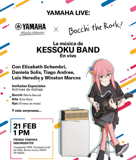 TadaimaMx's tweet photo. BOCCHI THE ROCK! x Yamaha llegan el 21 de febrero a la Ciudad de México con un evento especial 🎸✨

Escucha en vivo los éxitos de Kessoku Band, acompañados por las voces en español del anime. ENTRADA LIBRE. https://t.co/P9cAbWaRTi