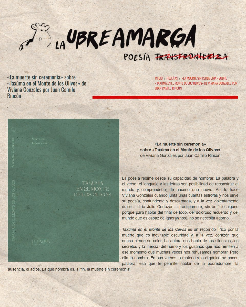 laubreamarga's tweet photo. La Ubre Amarga inicia su recorrido de este año con la reseña de Juan Camilo Rincón a Taxúma en el monte de los olivos, de Viviana Gonzales.

Clic en el enlace
https://t.co/PhWNdwxHbR https://t.co/2ogUYjhPtq