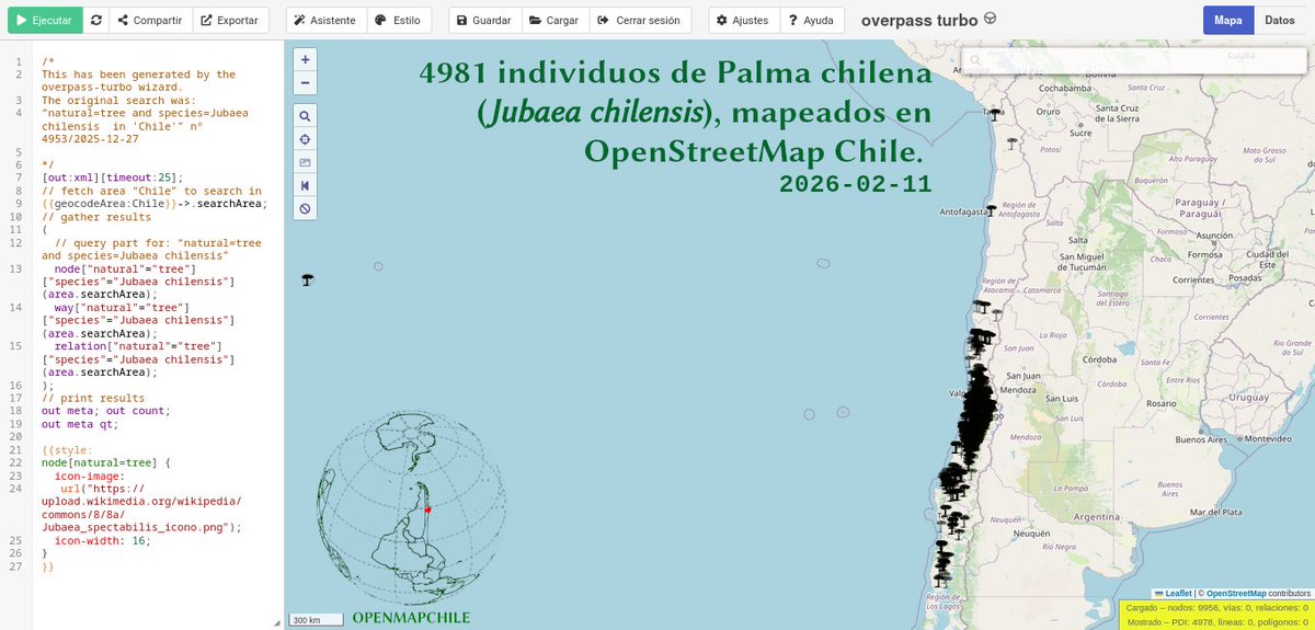 openmapchile's tweet photo. 📢🌴🇨🇱🗺️4981 individuos de #Palma chilena (Jubaea chilensis), mapeados en #OpenStreetMap Chile. Visor de árboles de #MapComplete https://t.co/KOBoZ6CTYL https://t.co/T52D3rSEEA