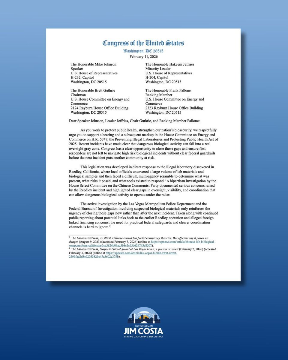 RepJimCosta's tweet photo. After the discoveries in Reedley and Las Vegas, it’s clear that dangerous biological activity can fall into an oversight gray zone. Congress must act to close these gaps and protect those on the front lines. 

That’s why, alongside @RepDavidValadao, @RepKiley, @RepVinceFong, @RepSusieLee, and @RepDinaTitus, I urged House Leadership and the Energy and Commerce Committee to advance my Preventing Illegal Laboratories and Protecting Public Health Act of 2025 to strengthen safeguards against illegal biological labs and improve coordination for communities and first responders.