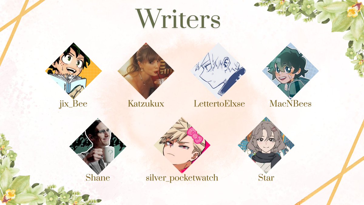 <a href="/frogboy38618514/">🅱️</a> <a href="/NyxDrawhine/">Nyx</a> <a href="/AvroDraws/">Avro 💥Art Comms Open💥</a> <a href="/Fihella/">🍉✨Fihella✨🍉</a> <a href="/Naki_Dono/">Naki-Dono | MHA/BKDK 🧡💚 | 🎨Comms Open</a> <a href="/DarkCaffeinated/">Coffee ☕️🏳️‍🌈</a> <a href="/IamSizzlebutt/">Taylor | Soft!Kacchan Propagandist</a> <a href="/KitteaCloud/">Kit ☁︎ Working on zines ✨🫡</a> <a href="/mawiezowie/">mawiezowie</a> <a href="/PACCHI__PA/">PACCHI ๑</a> <a href="/parientou/">Par 💥</a> <a href="/sp4rkth1shlt_/">✨️star✨️</a> <a href="/PsychicHurt/">Bee | Mafia AU Representative</a> <a href="/SapTwilight/">Sapphire Twilight</a> <a href="/_xlykss/">lyks</a> <a href="/aowenii/">Kiwi 💚🧡</a> <a href="/ChibyBecky/">Chiby</a> <a href="/UnluckiestJun/">Jun 👻</a> <a href="/hehebread/">ice</a> 💍 Contributor Lineup! 5/5 ⛪️ 

Writers Pt. 2!
<a href="/jix_bee/">bee 🐝✨️</a> 
@Katzukux 
@lettertoelxse
@/MacsBees on TikTok &amp; AO3
<a href="/frecklednerd97/">shane🗯</a> 
<a href="/spocketwatch/">silver_pocketwatch</a> 
<a href="/Astralis_01/">Star~commissions open</a>