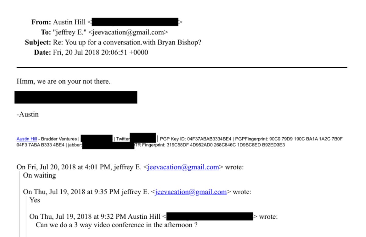 Cryptadamist's tweet photo. also while i know Adam Back and others like to protest that Epstein divested from Blockstream relatively quickly, Austin Hill was still talking to Epstein regularly well into 2018 (and throughout the intervening period). https://t.co/uKUpuKevq9