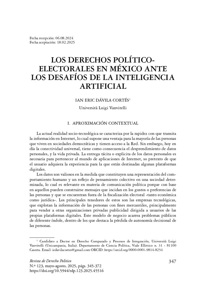 Retomando el tema de la IA🤖y su relación con los derechos humanos, recomiendo el artículo “Los derechos político-electorales en México ante los desafíos de la inteligencia artificial”, del Mtro. Ian Eric Dávila Cortés.

Un análisis clave sobre tecnología, democracia y procesos