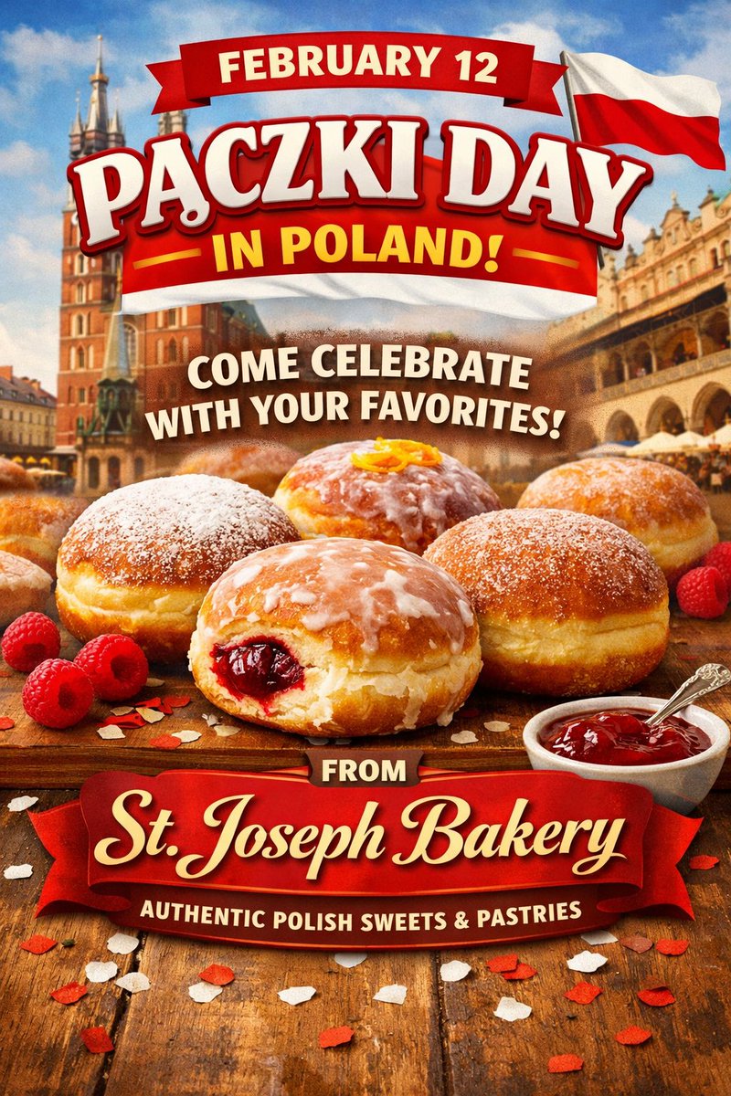 stjosephbakery's tweet photo. Stop in tomorrow, Thursday Feb 12 to Celebrate Paczki Day in Poland.  We will have your favorite flavors for sale starting at 8am until sold out! https://t.co/VekMDQ3pIG