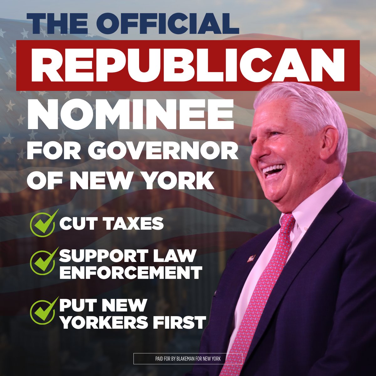 I am honored to be unanimously nominated by the <a href="/NewYorkGOP/">New York GOP</a> as the Republican candidate for Governor of New York.

Now let’s defeat Kathy Hochul and restore prosperity, strengthen public safety, and put New Yorkers first. ⬇️⬇️⬇️