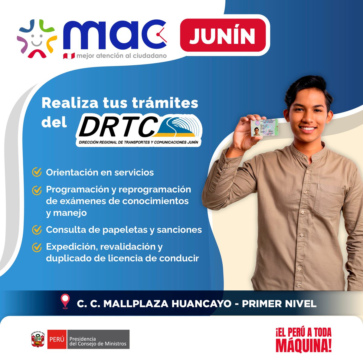 CentrosMAC's tweet photo. #ATENCIÓN #JUNÍN 🚨
Realiza tus trámites de licencia de conducir y exámenes de manejo en el Centro MAC Junín 🚗✨
📍 Mall Plaza Huancayo
Av. Ferrocarril 146-150, esquina con Prol. San Carlos 136
🕒 Lun-Vie: 8:30 a 5:00
🕒 Sáb: 8:30 a 1:00
📞 ALO MAC 1800
#MACPerú #ATodaMaquina https://t.co/oGAIsQyNjw