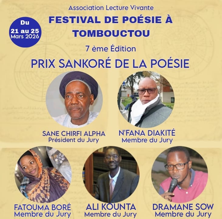 Lecture_Vivante's tweet photo. LE PRIX SANKORÉ DE LA POÉSIE ! 
La remise officielle prévue le 21/03/26, à l’occasion de la Journée mondiale de la Poésie, dans le cadre de la 7ème édition du Festival De Poésie à Tombouctou.
LE JURY:
Sane Chirfi Alpha, Fatouma Boré, Dramane Delce Sow, N’Fana Djakité, Aly Kounta. https://t.co/kCR4bpbMFQ