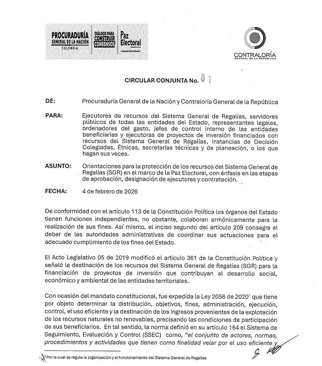 CGR_Colombia's tweet photo. 🚨Para vigilar la ejecución de los recursos de regalías en el marco del periodo electoral, junto a la @PGN_COL emitimos la Circular Conjunta No. 0⃣1⃣, en la que se prohíbe la contratación directa y los convenios interadministrativos durante la #LeydeGarantías, es decir, hasta junio de 2⃣0⃣2⃣6⃣ si hay segunda vuelta, para evitar que la ejecución de recursos públicos incida en la contienda. 

📲Circular completa 👉🏼https://t.co/PCHO5OBUbL