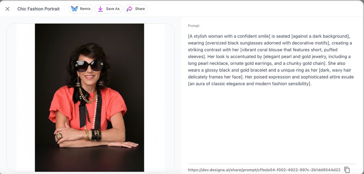 DesignaAI's tweet photo. Having fun with designa.ai- My vision for small businessess to have a fun, simple and quick AI platform is live in #privatebeta
In a few word, I typed in the prompt, 'add chanel sunglassess and jewerly and based on the photo give a description. Read the response! #AI https://t.co/cz8JCVIZDR