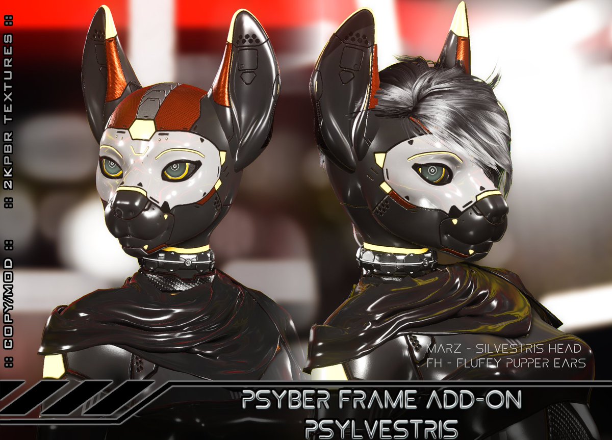 PSYBER Frame Add-On - PSYLVESTRIS is out!

Comes in 8 colors and matches all PSYBER Frame skins.

This kit uses the MARZ Silvestris head and FH Fluffy pupper ears.

Become a robot cat!

marketplace.secondlife.com/p/Black-Indust…

#Secondlife #SLFurry