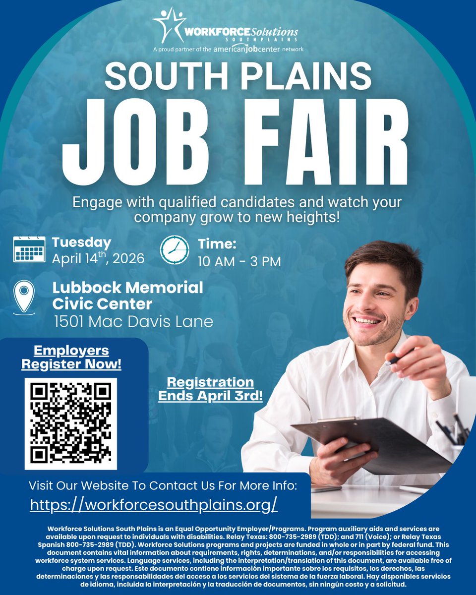 Employers! Looking to hire individuals ready for a fresh start? Join Workforce Solutions South Plains Job Fair at the Lubbock Memorial Civic Center on April 14th! Register by scanning the QR code or apply here: sql-web-srv.spworkforce.org/Forms/SPJFReg