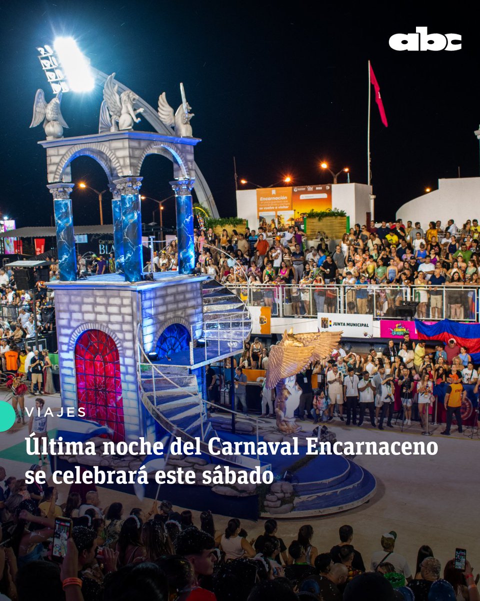 ABCDigital's tweet photo. #ABCViajes | Más de 58.000 personas disfrutaron de las cuatro rondas del Carnaval Encarnaceno 2026, a falta de la gran noche que cerrará el telón de esta mágica celebración en la “Perla del Paraguay”.
🔶Este sábado se espera un lleno total del Centro Cívico Municipal, por lo que se recomienda reservar con tiempo las entradas si desean aprovechar un viaje de turismo interno este fin de semana.
🔴 Canal de WhatsApp: https://t.co/aAPBX7cxWp
Más información: https://t.co/A1IjWyKboX