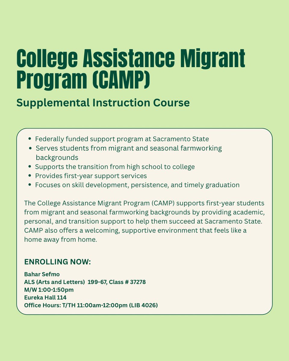 Looking for a little extra backup this semester? 📚

The PLACE program at PARC is all about peer-led excellence. We offer courses (SYS and CAMP) to help you navigate campus resources, build success strategies, and find your community at Sac State.

#SacState #sacstateparc