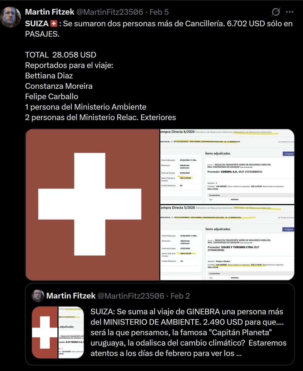 SUIZA 🇨🇭:Me quedé corto con la comitiva que fue a Suiza. Dije que eran 28.058 USD, pero viendo toda la esa gente que vive de nosotros, faltaron miles de dólares más. Fueron a solucionar la pobreza. Veo a uno del MIDES y a Caggiani. A SUIZA,HDP.
Gracias <a href="/_Trasmontana_/">Claudia Toledo</a> por la data.