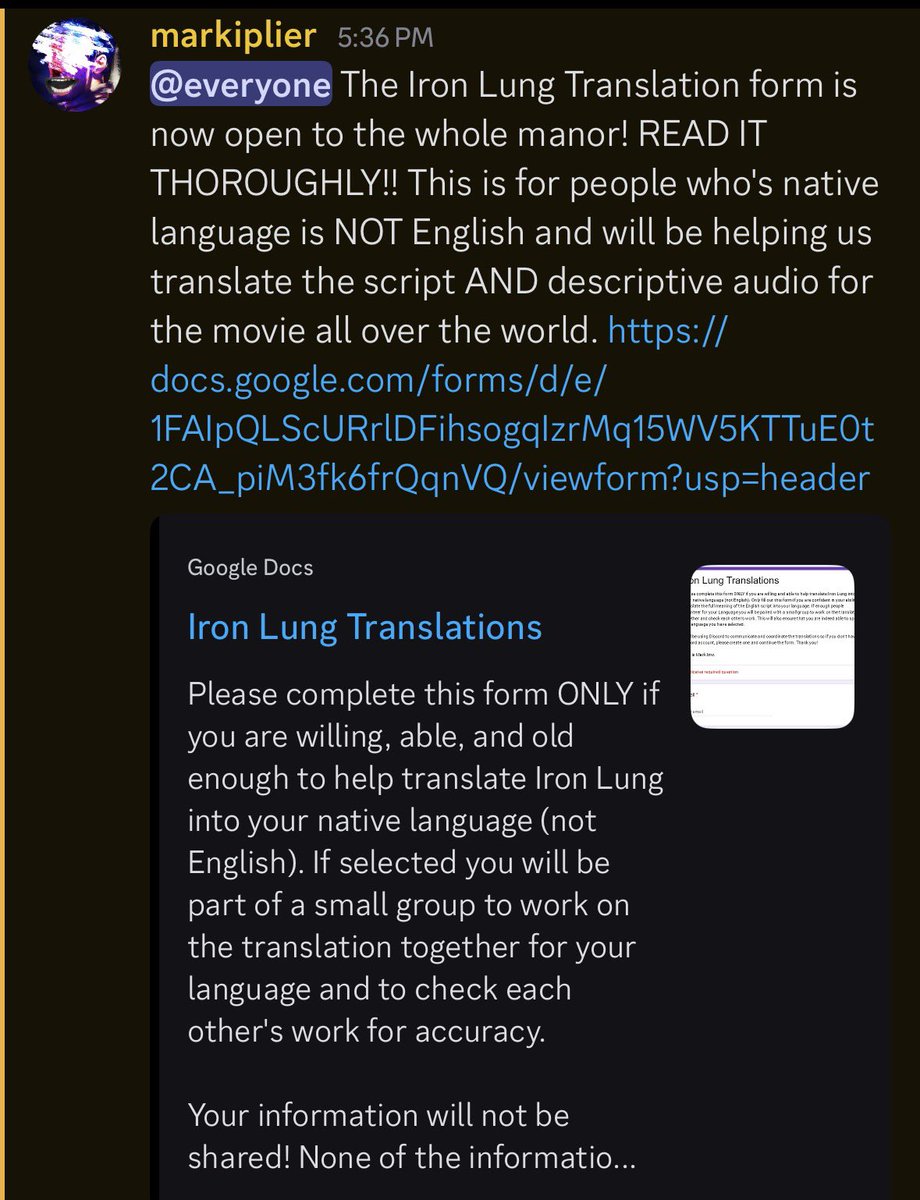 mark has made a form for ppl who can speak a language that is NOT ENGLISH to help translate captions for iron lung!! pls check it out if this applies to you!! accounts.google.com/ServiceLogin