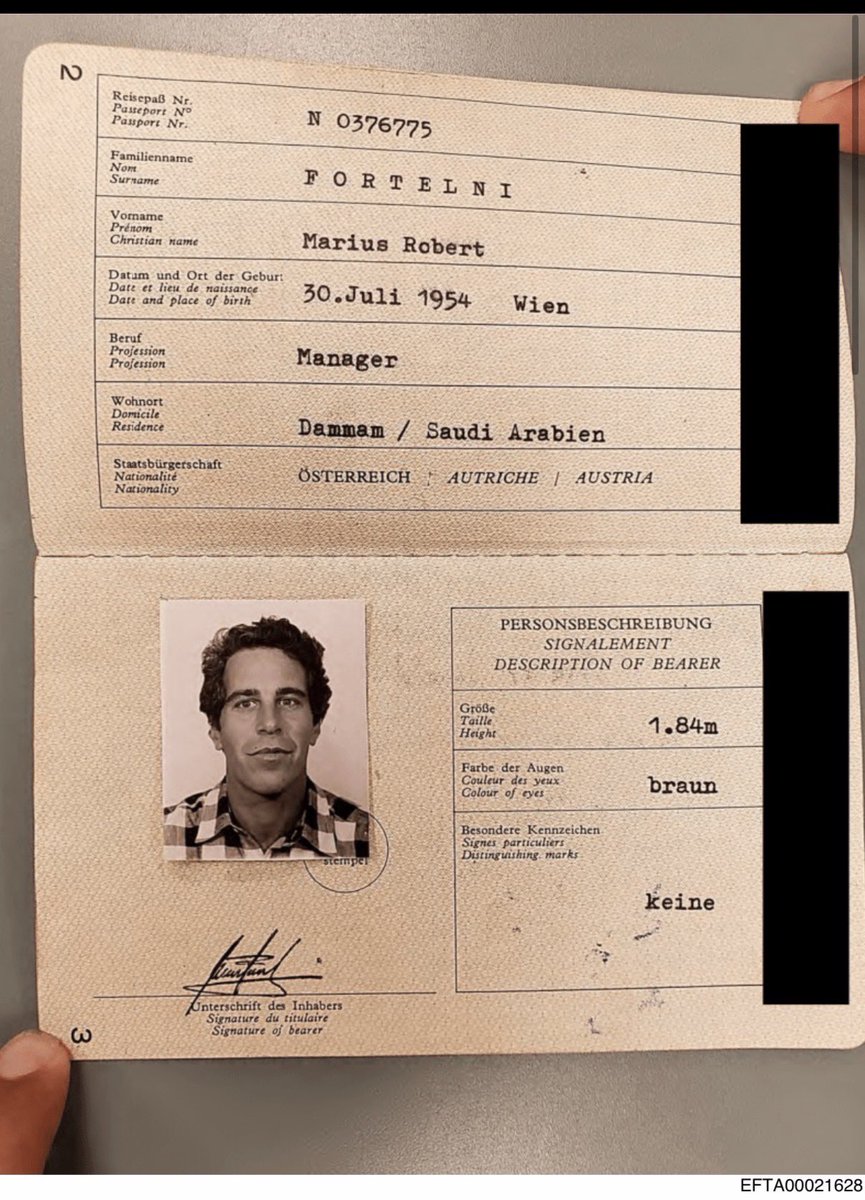 RepLuna's tweet image. Jeffrey Epstein was also Marius Robert Fortelni. 

This is an official passport with a different name that was released in the files and yes that is Epstein. 

EFTA LOCATOR ON BOTTOM OF DOC.