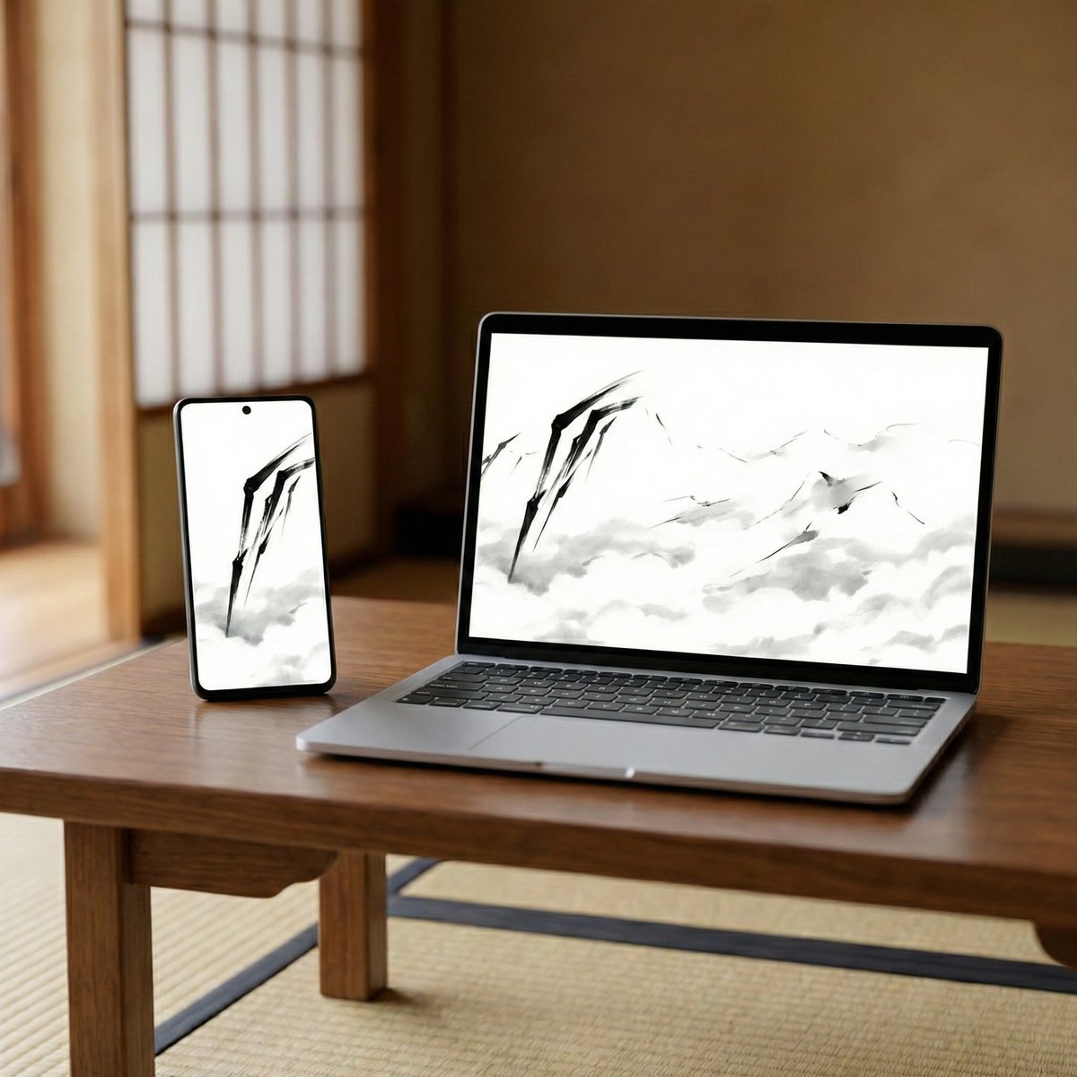 JALab_official's tweet photo. In a noisy digital world, find your moment of silence.  Not just a wallpaper, but a breath of fresh air for your mind.  #JALab #DigitalZen #InkWashPainting #MinimalistWallpaper #WabiSabi #Mindfulness #DeskSetup #JapanAesthetics https://t.co/FqBiREFiXg