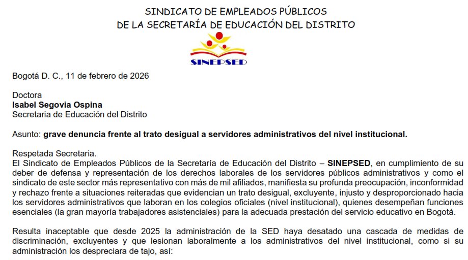sinepsed's tweet photo. 🚨𝐒𝐈𝐍𝐄𝐏𝐒𝐄𝐃 denuncia el trato desigual que se le da a los servidores administrativos del nivel institucional.
🗣️𝐒𝐈𝐍𝐄𝐏𝐒𝐄𝐃, manifiesta su profunda preocupación, inconformidad y rechazo frente a situaciones reiteradas que evidencian un trato desigual, excluyente, 🧵 https://t.co/2PIyp3A372