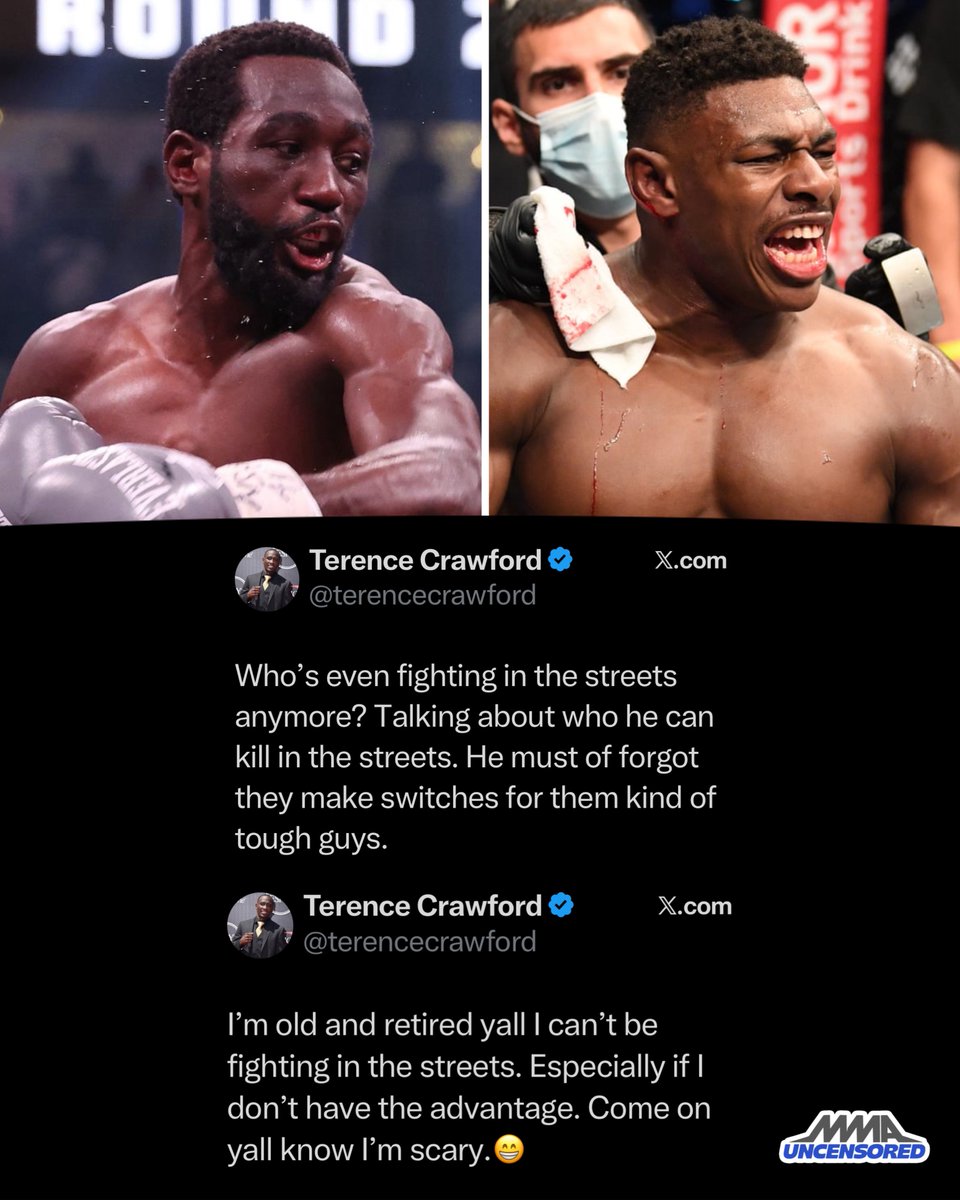 MMAUNCENSORED1's tweet photo. Terence Crawford fires backs at Joaquin Buckley:
โWhoโs even fighting in the streets anymore? He must of forgot they make switches for them kind of tough guys.โ ๐ณ https://t.co/iwl0U4VXMq