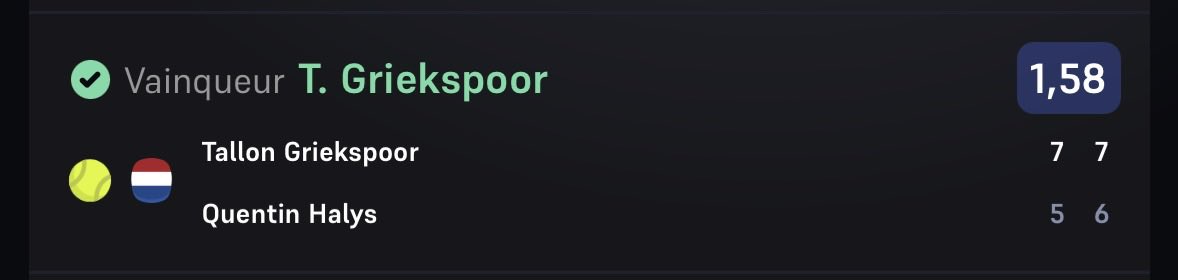 🎾🇳🇱 ATP - Rotterdam ✅

🎯 Griekspoor @ 1,58 ✅

❤️ Like si tu soutiens !

#TeamParieur