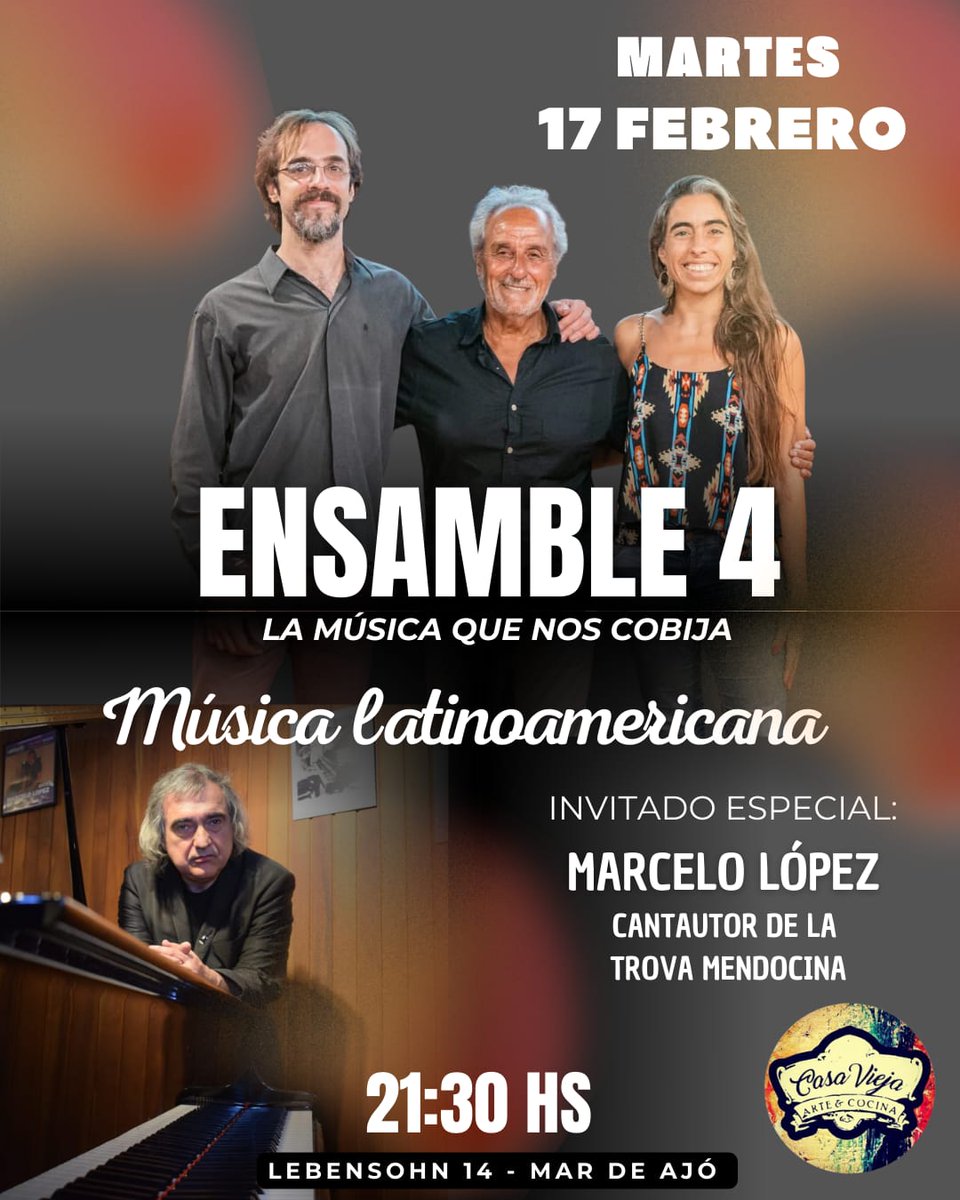 marcelolopezok's tweet photo. 🎶✨ Estimados/as, la semana que viene, martes 17, martes de Carnaval, estaremos tocando nuestras canciones en la Costa Atlántica, en Mar de Ajó, en Casa Vieja con los amigos de Ensamble 4. Me siento muy agradecido por esta invitación.

🎹 Marce https://t.co/HDVIec10SD