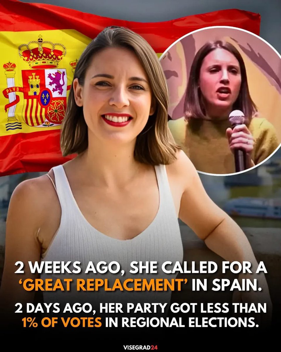 Do you remember her?

This is the Spanish far-left politician Irene Montero, who recently went viral for publicly cheering on the “Great Replacement” to ensure Spain has fewer “fascists”.

Her party got less than 1% of votes in recent regional elections in Aragon and will be