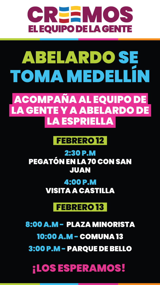 ¡Llegó la hora, Medellín! Acompáñanos junto a Abelardo de la Espriella <a href="/ABDELAESPRIELLA/">Abelardo De La Espriella</a> en este recorrido por los barrios y comunas de nuestra ciudad. 🤝

Viene la renovación y el trabajo serio por Colombia ¡Juntos somos el equipo que da resultados! 🇨🇴