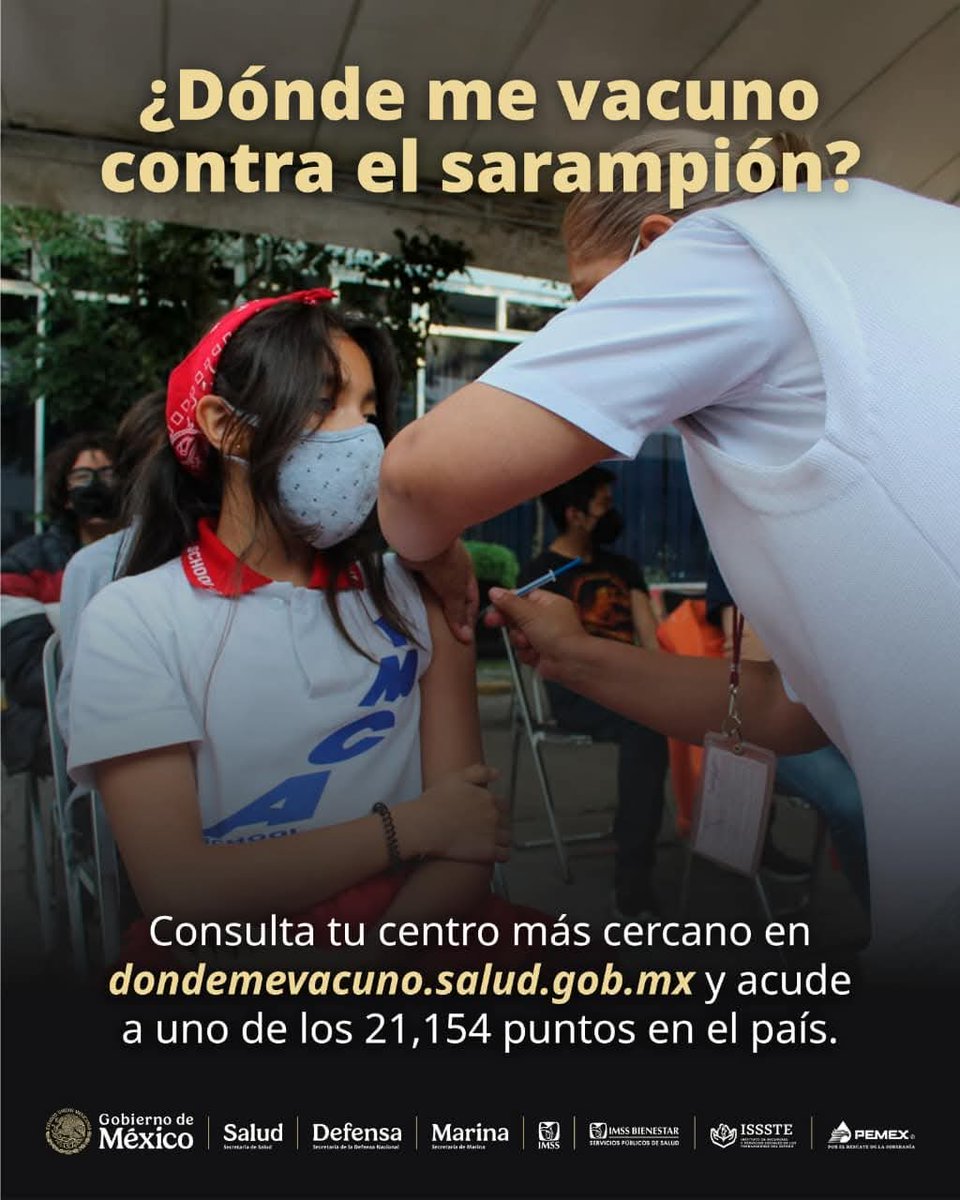 ¡Vacúnate contra el #sarampión!

La vacunación es una de las principales acciones para prevenir brotes y proteger tu salud. 💉

Ubica los centros de salud que cuentan con vacunas contra el sarampión en ➡️ dondemevacuno.salud.gob.mx 🏥