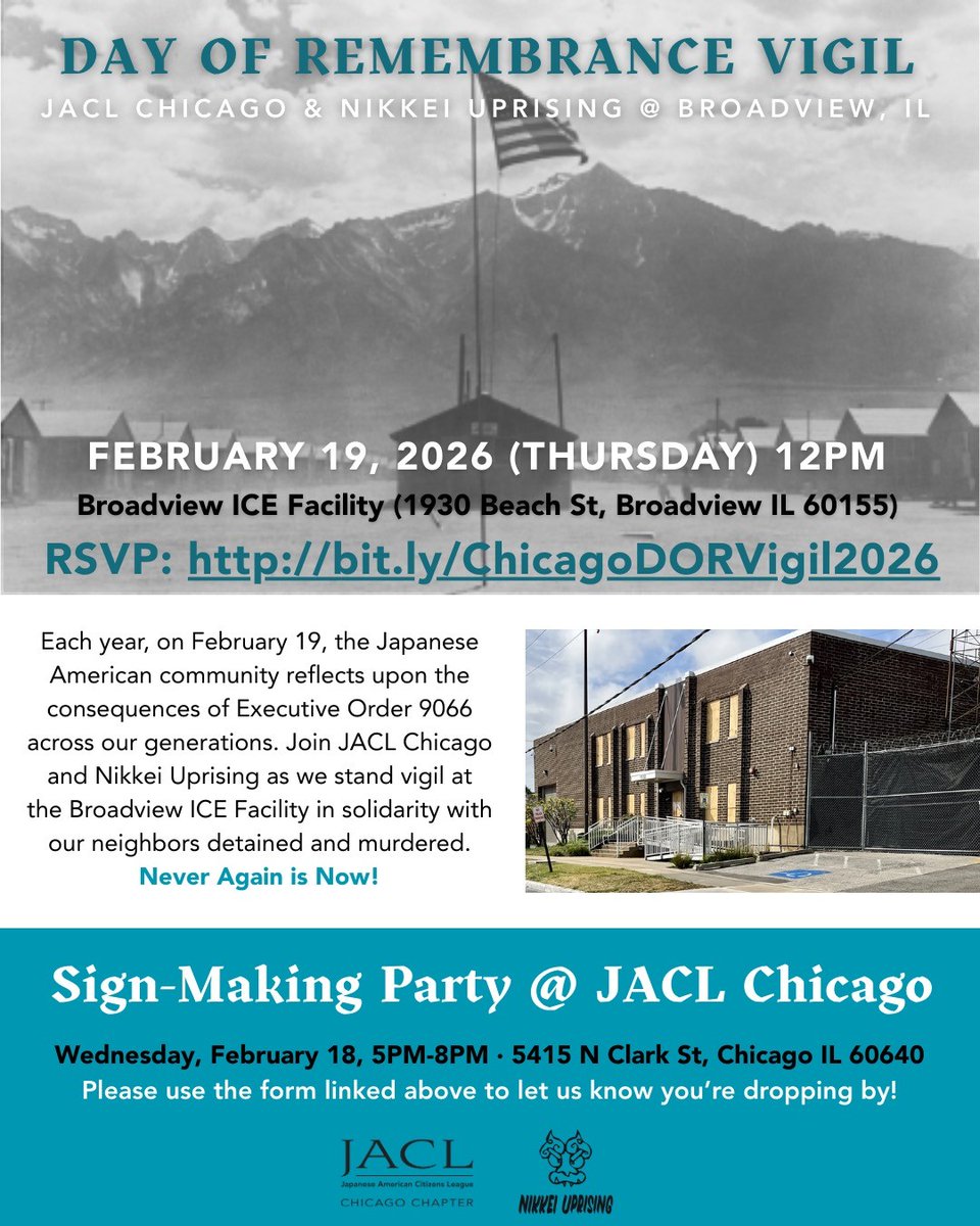 Feb 19: DoR Vigil at Broadview ICE Facility 12PM-1PM 1930 Beach St, Broadview IL 60155
Sign-Making Party: Feb 18, 5PM-8PM | JACL Chicago 5415 N Clark St, 60640
Join us as we stand vigil in Broadview.
Click here to sign up-carpools from Chicago available.
bit.ly/ChicagoDORVigi…